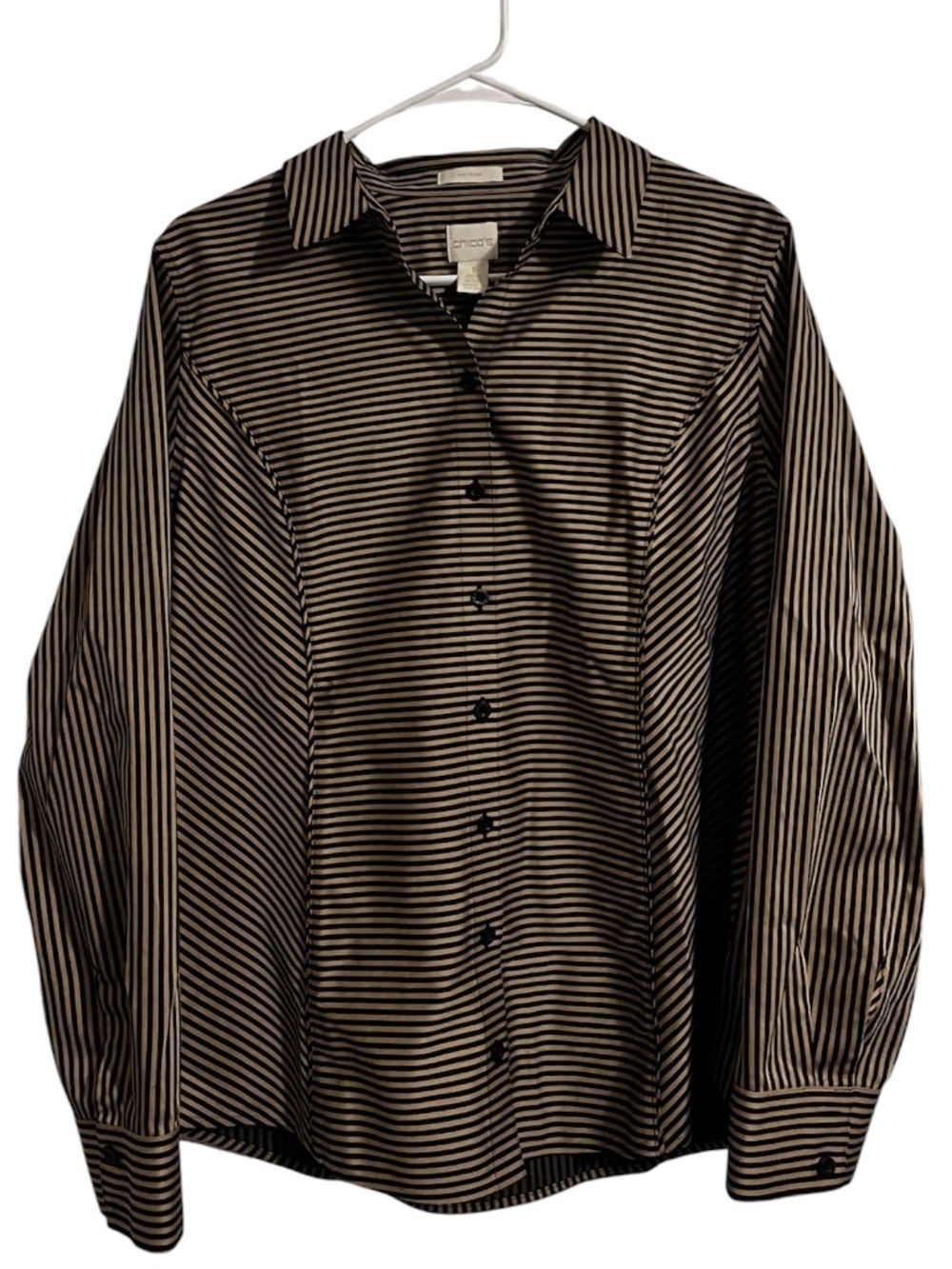 Chico’s Women Black and Brown Stripe Long Sleeve Button Down No-Iron Shirt Sz-M